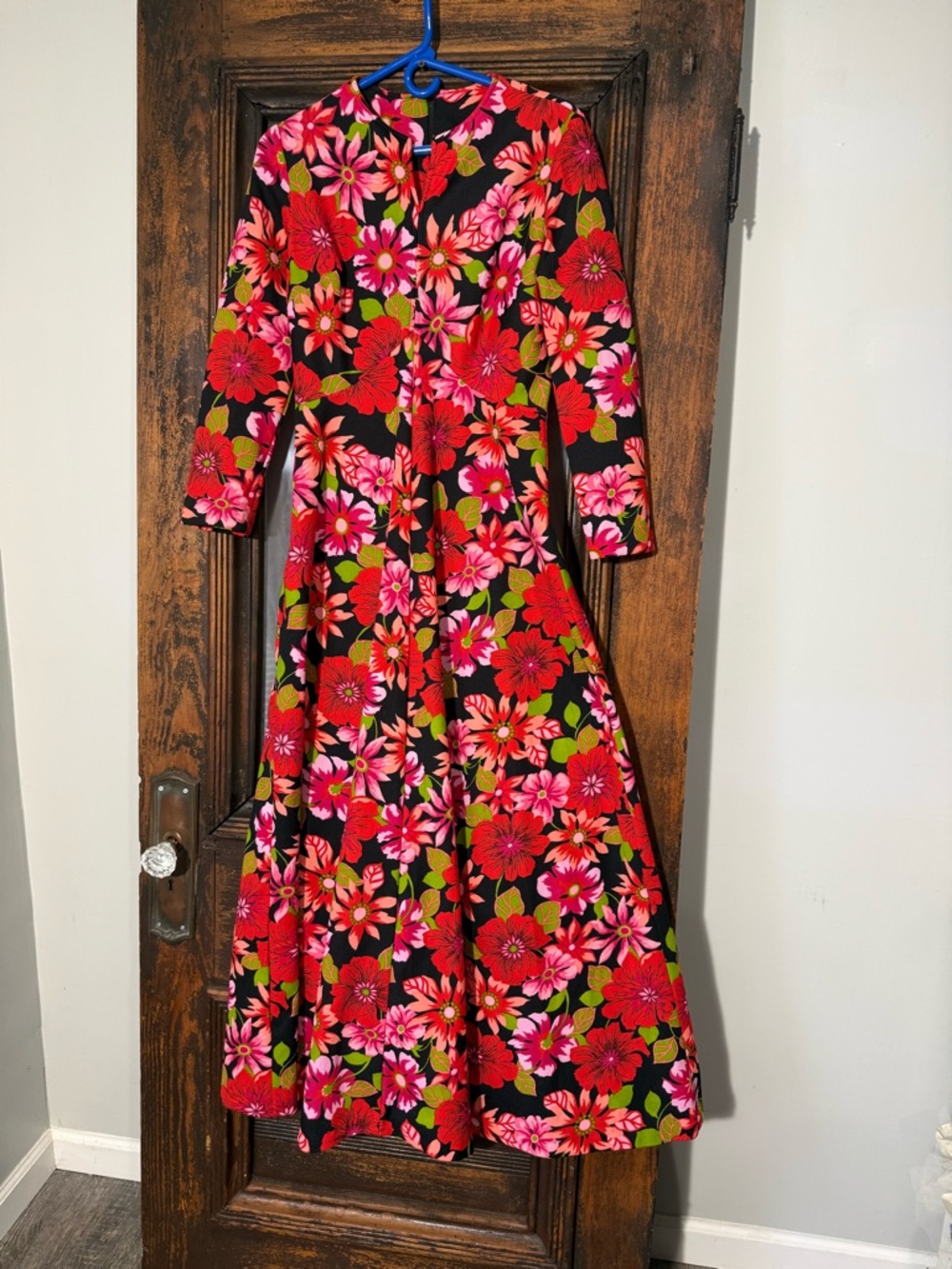70s Women's Floral Maxi Dress in Black with Pink & Red Blooms hippy chick